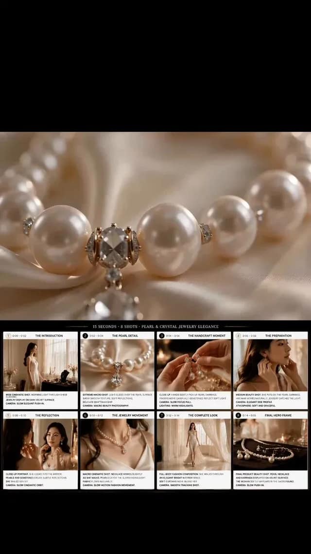Create a professional cinematic jewelry advertisement storyboard board.

Aspect 