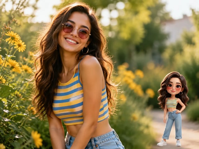 Lifestyle-foto af en kvinde i gule blomster med matchende memoji-figur