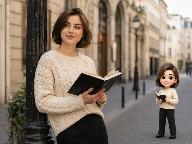 Byportræt med bog og matchende blød 3D-memoji-figur