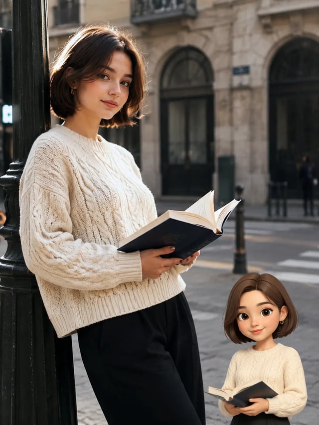 Foto-til-memoji-komposit af en kvinde med en bog og matchende figur