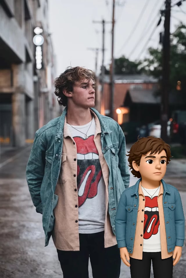 Rigtigt foto med overlay af en ung mand som memoji i Apple-stil på en regnfuld gade