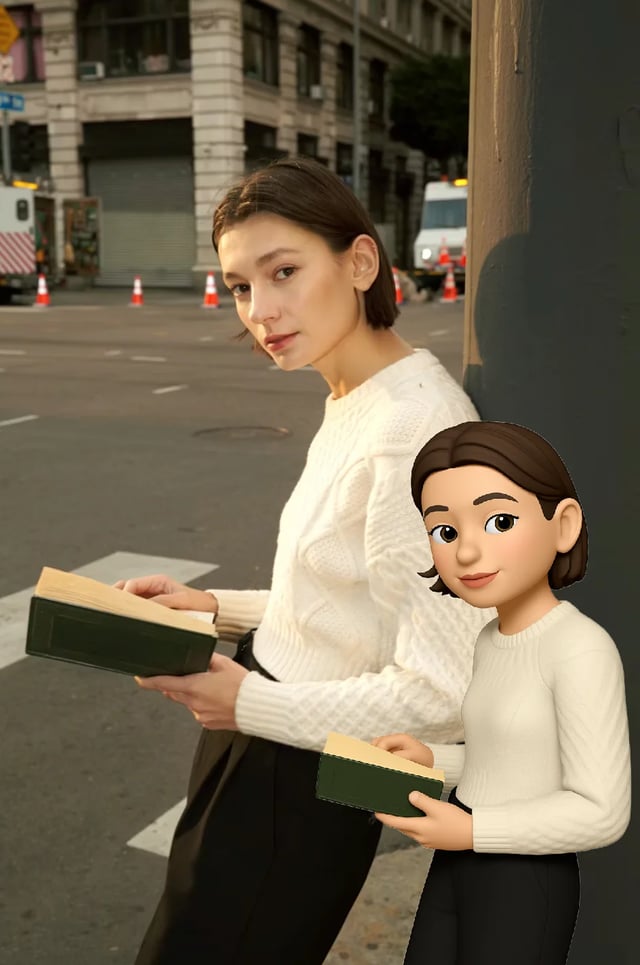 Rigtigt foto med memoji-overlay af en kvinde med en bog i byen