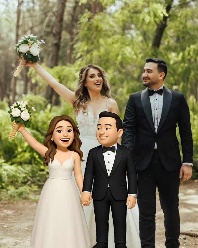Bryllupsfoto med overlay af et memoji-par i en skov