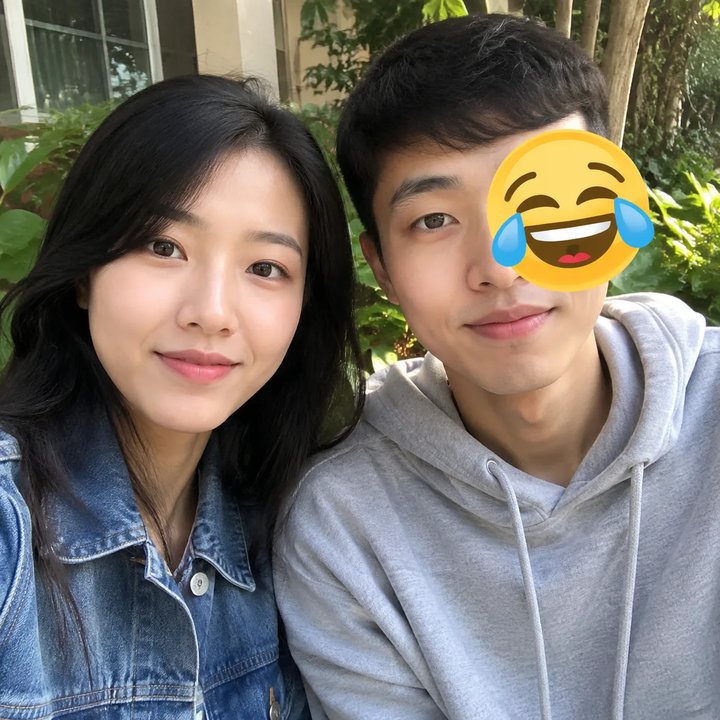 Selfie de duas pessoas com um emoji de rindo sobre um olho, pronto para remover emoji da foto